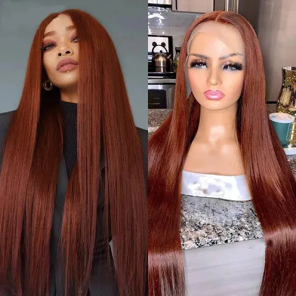 Red Reddish Brown Auburn Colored Straight 13x4 Lace Front Human Hair Wig