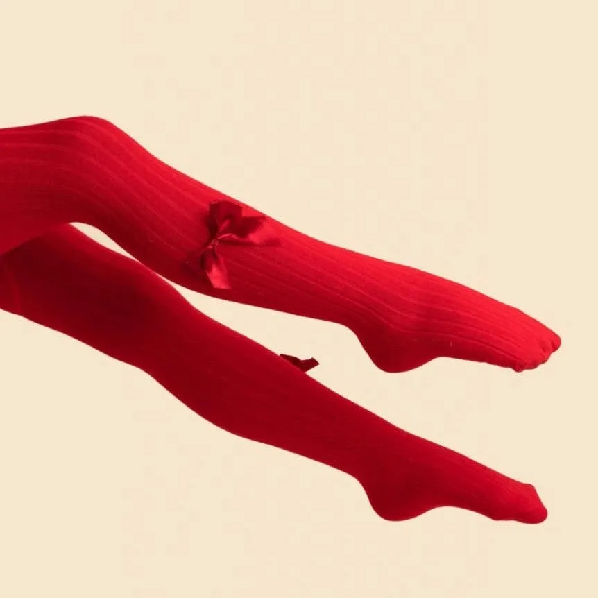 Red Ribbed Bow Tights