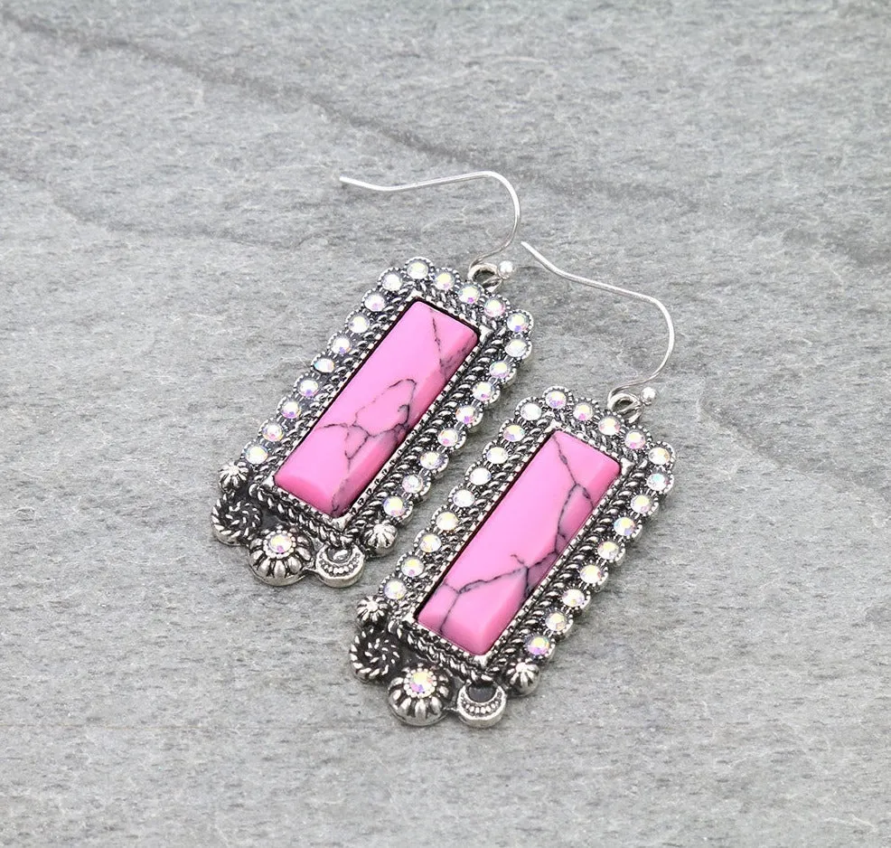 Rhinestone Framed Bar Necklace & Earrings - Pink