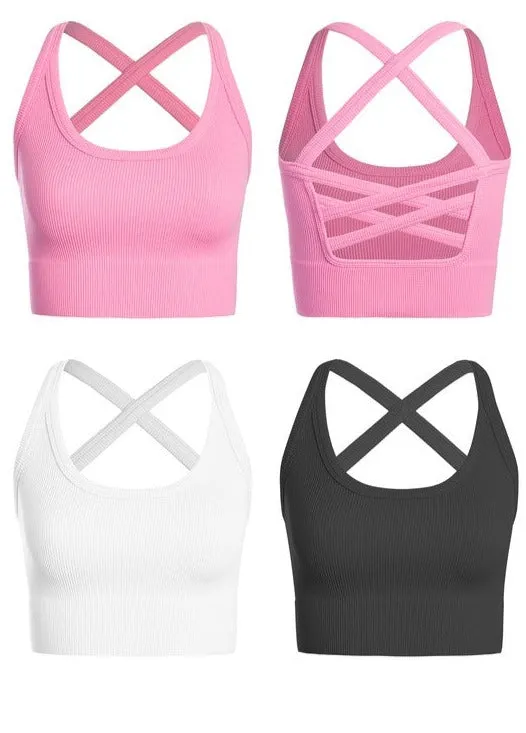Ribbed Crop Cami Crisscross Strap Bra Top