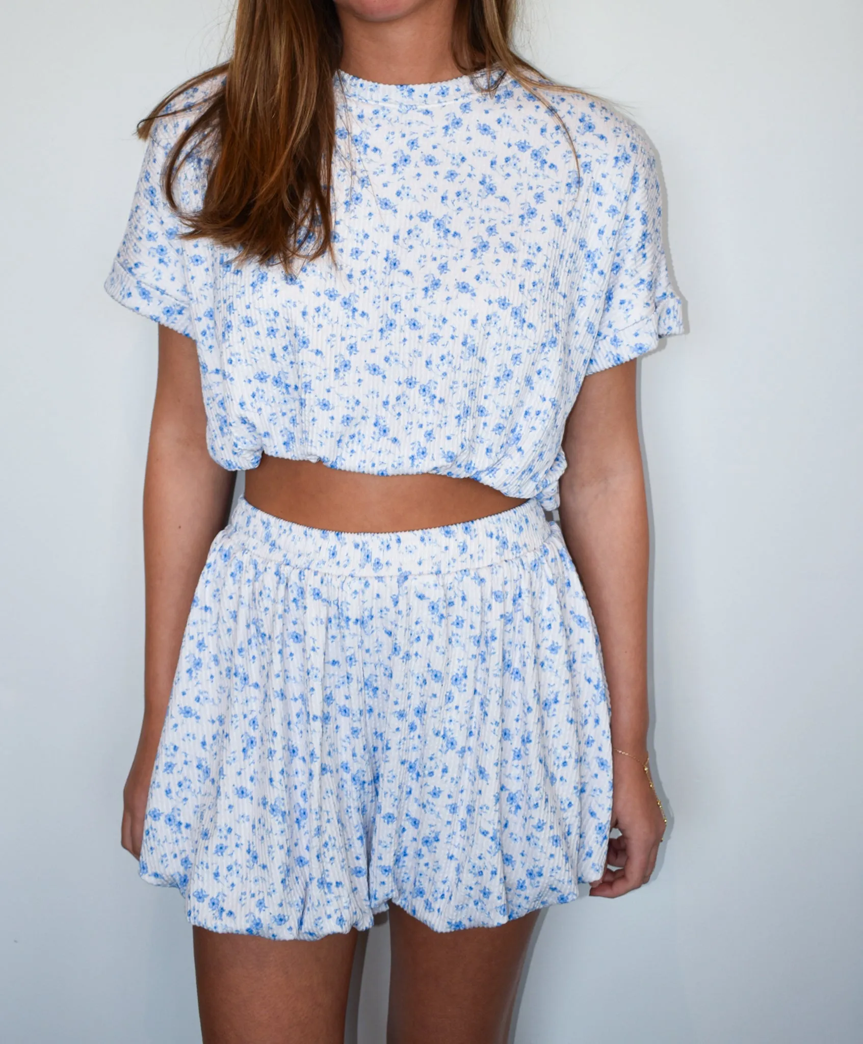 Ribbed Floral Print Bubble Shorts