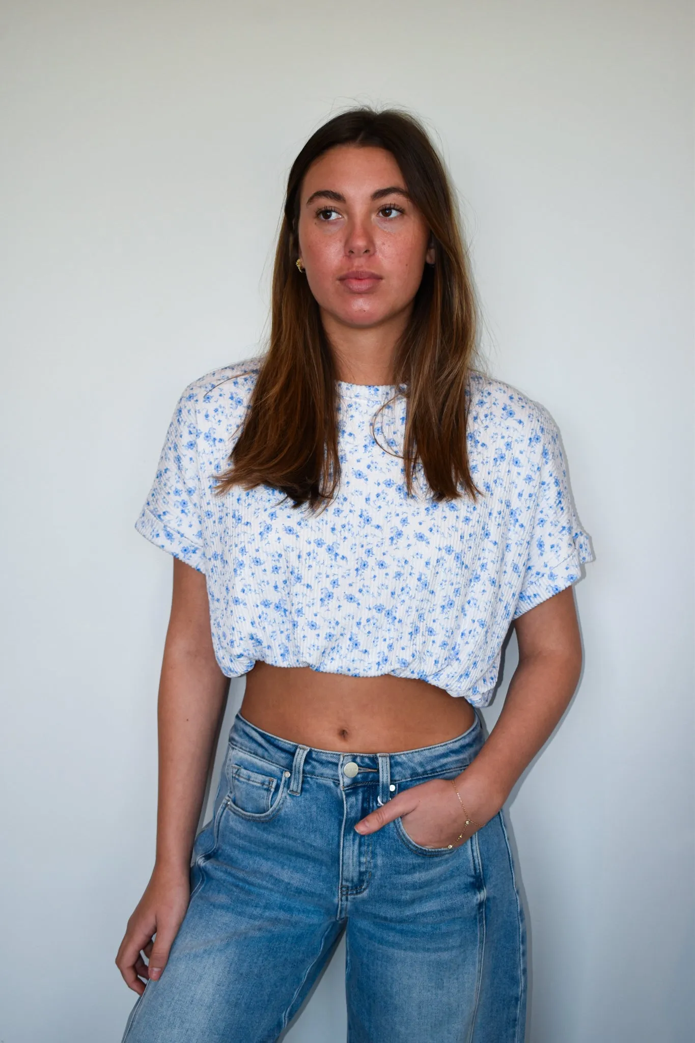 Ribbed Floral Print Bubble Top