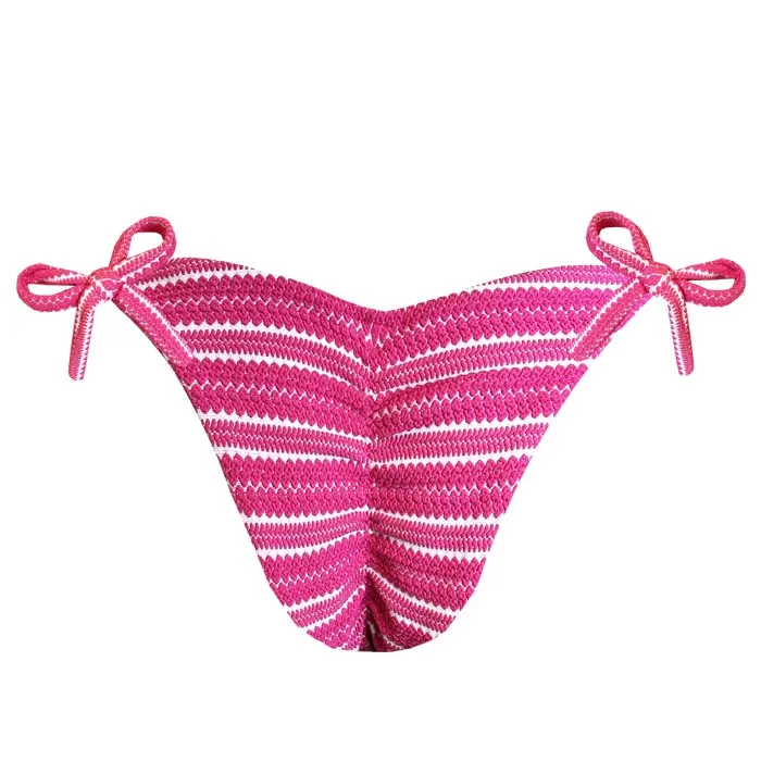 Ribbed Pink and White Brazilian Tie Side Scrunch Bikini Bottom