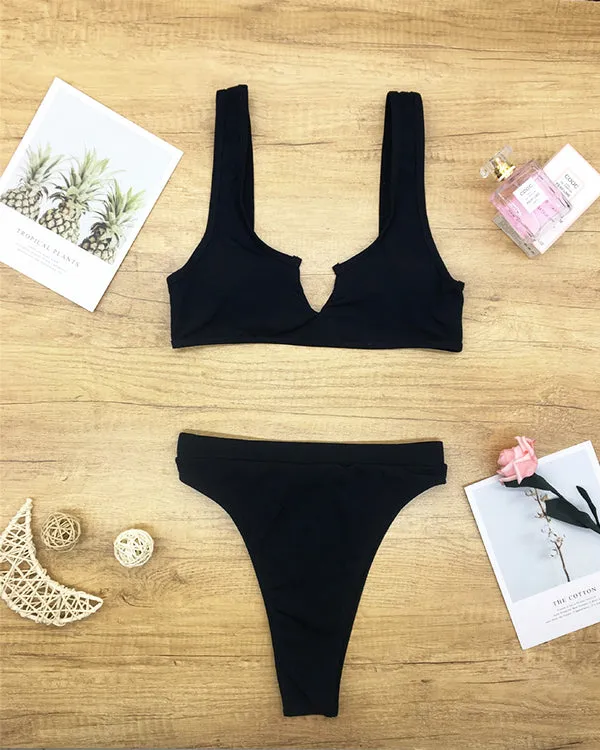 Ribbed V Neck Bikini Sets