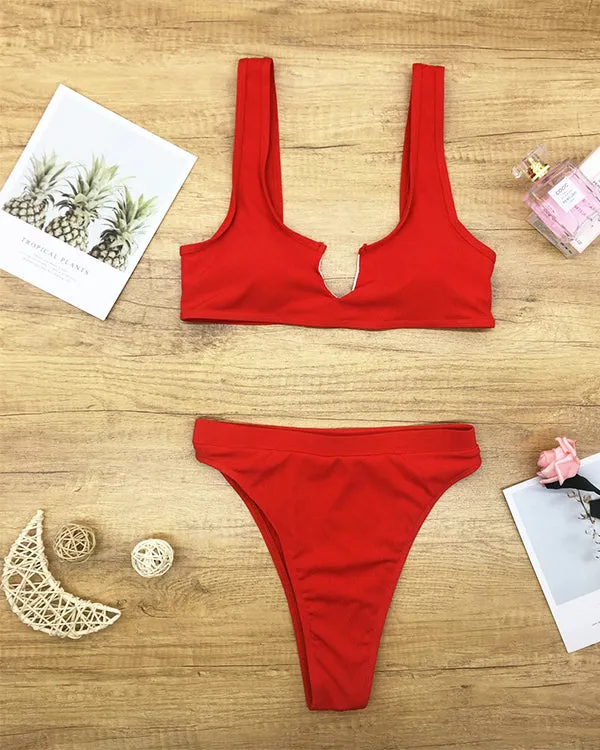 Ribbed V Neck Bikini Sets