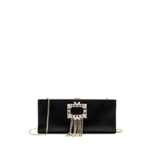 Roger Vivier Strass Buckled Clutch/Purse With Chain Satin Black LGHW