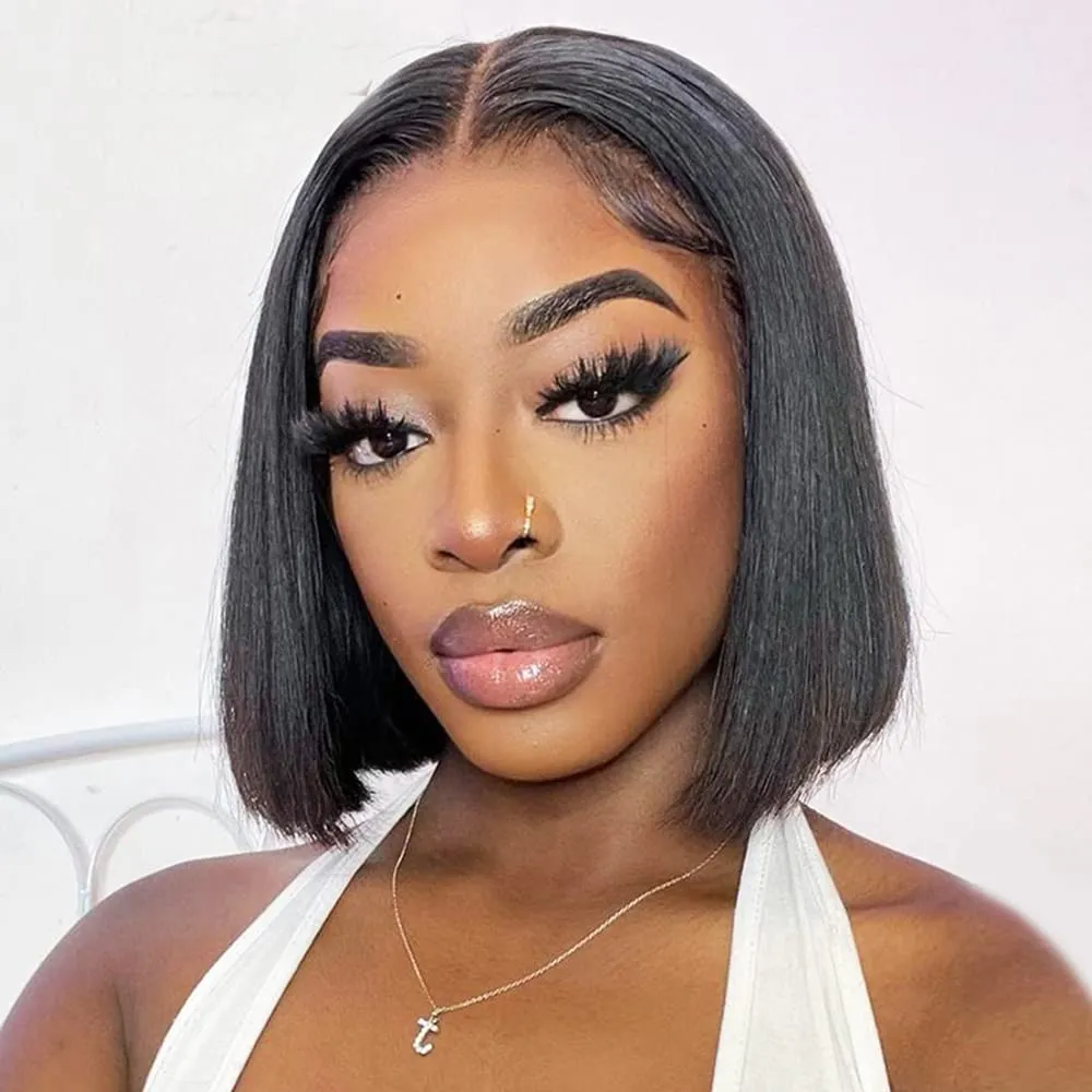 Short Bob 13x4 Lace Front Natural Black Human Hair Wig Free Part