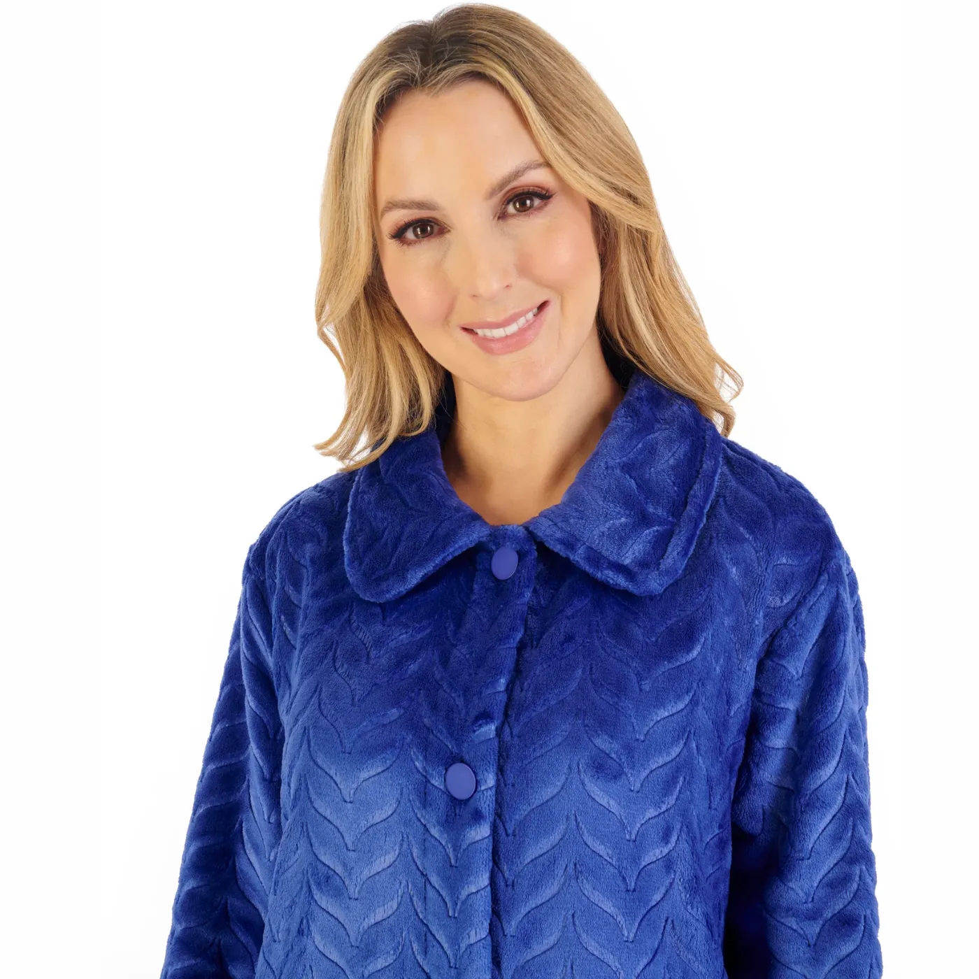 Slenderella Embossed Pattern Button Through Housecoat | Blue
