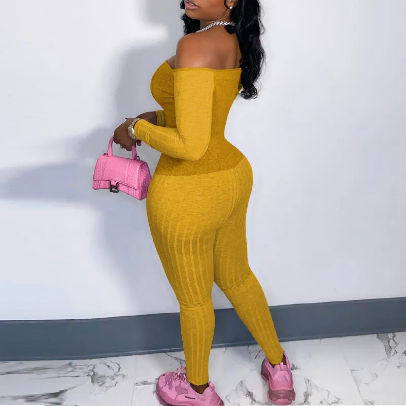 Solid Long Sleeve Off Shoulder Ribbed Jumpsuit