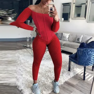 Solid Long Sleeve Off Shoulder Ribbed Jumpsuit