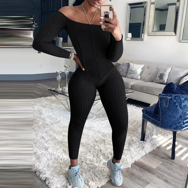 Solid Long Sleeve Off Shoulder Ribbed Jumpsuit