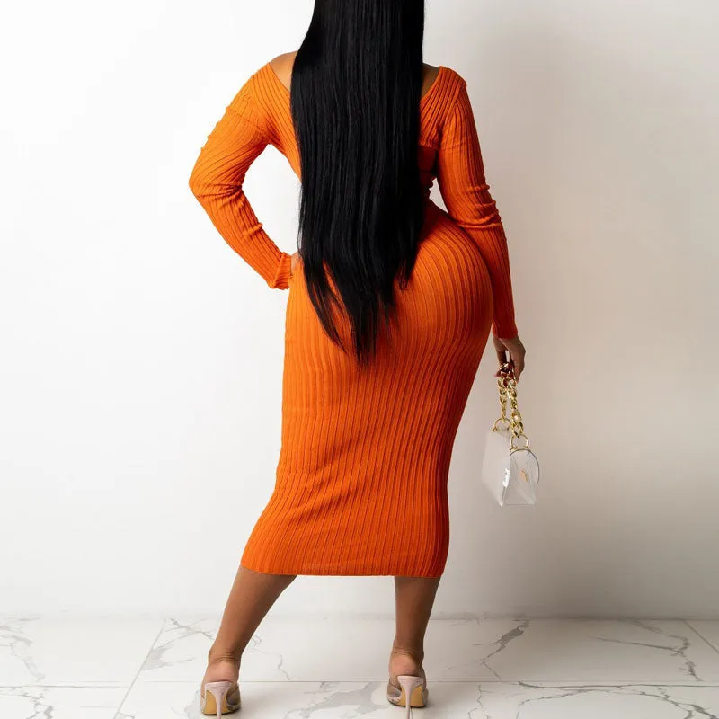 Solid Off Shoulder Long Sleeve Ribbed Dress