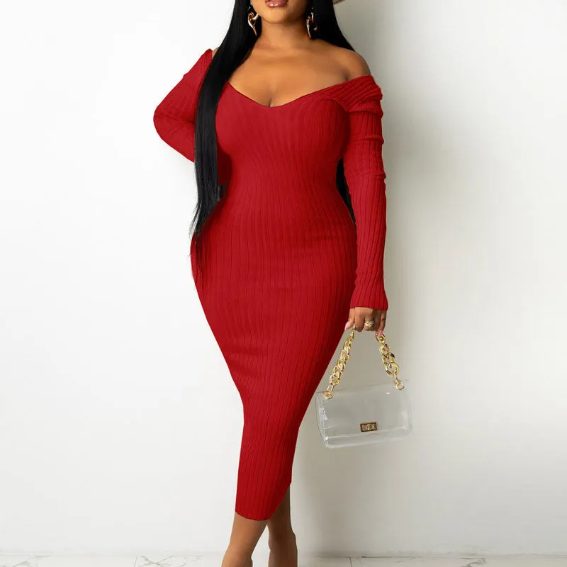 Solid Off Shoulder Long Sleeve Ribbed Dress