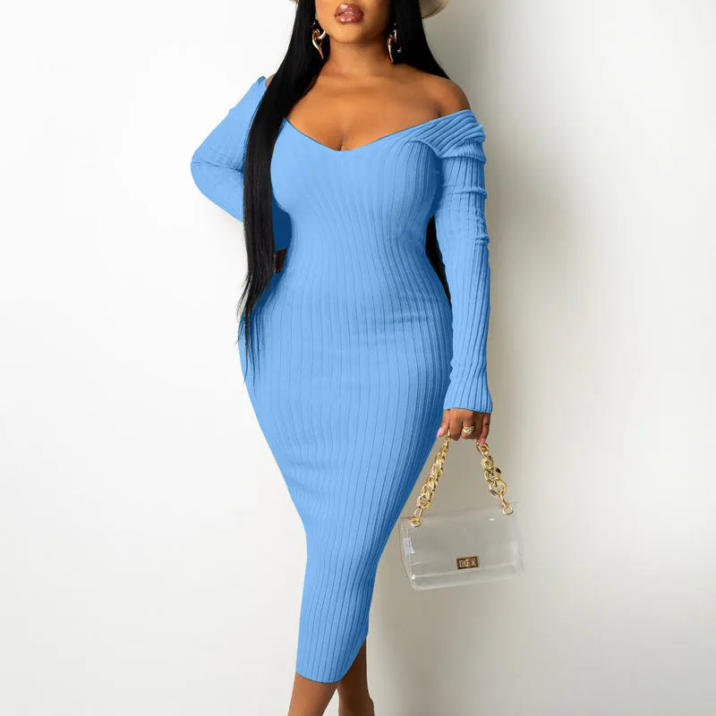 Solid Off Shoulder Long Sleeve Ribbed Dress