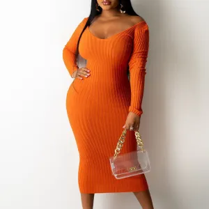 Solid Off Shoulder Long Sleeve Ribbed Dress