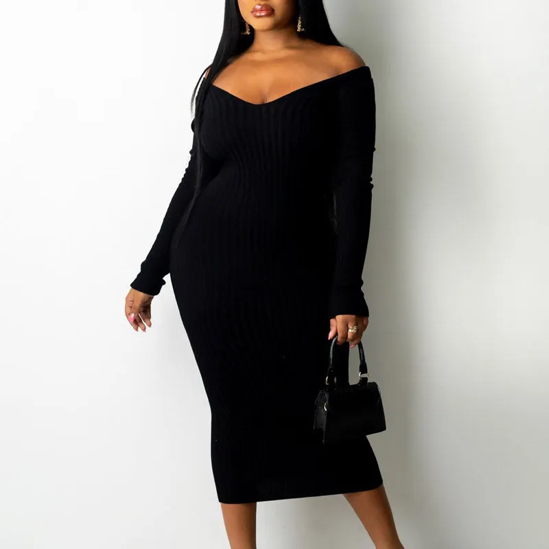 Solid Off Shoulder Long Sleeve Ribbed Dress