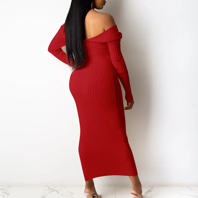 Solid Off Shoulder Long Sleeve Ribbed Dress