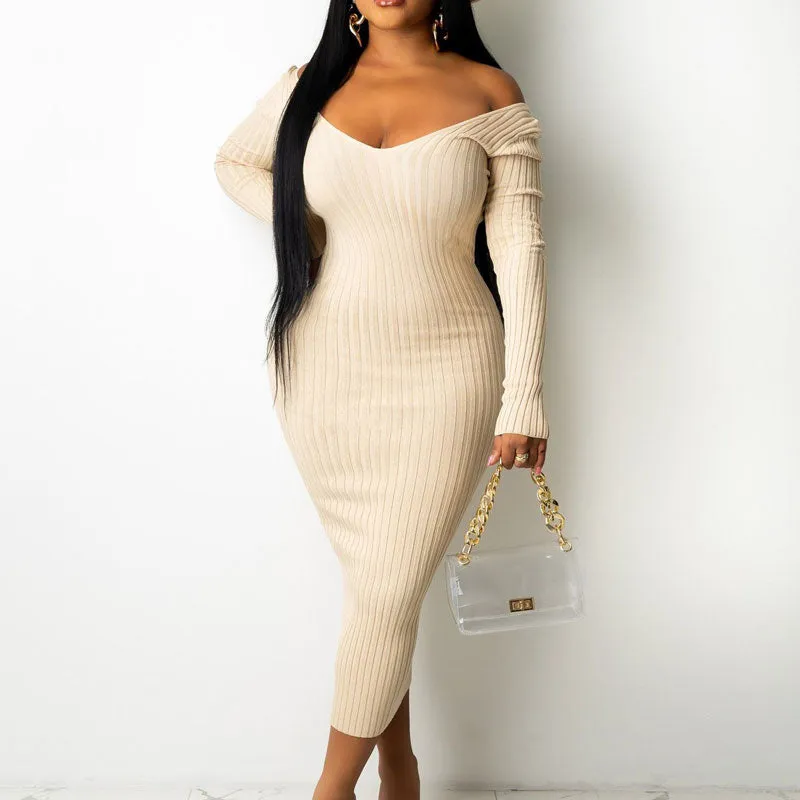 Solid Off Shoulder Long Sleeve Ribbed Dress