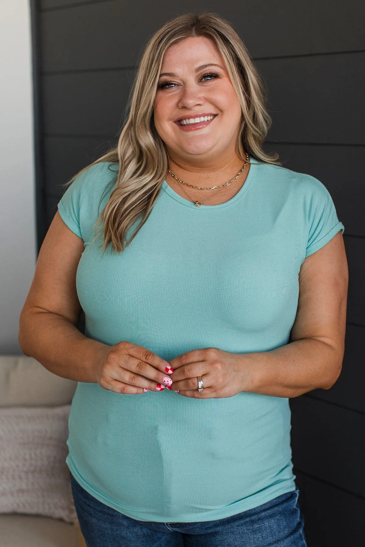 Sweet Surprise Ribbed Top- Mint Blue