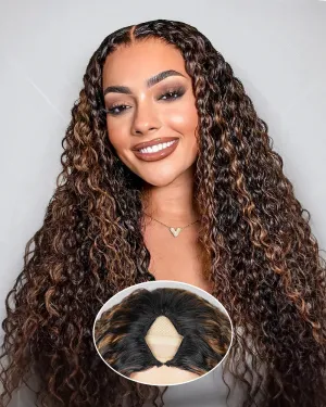 V Part 2.0 #30 Highlight Colored Deep Curly Upgraded V Part Cap No Glue Needed Human Hair Wigs