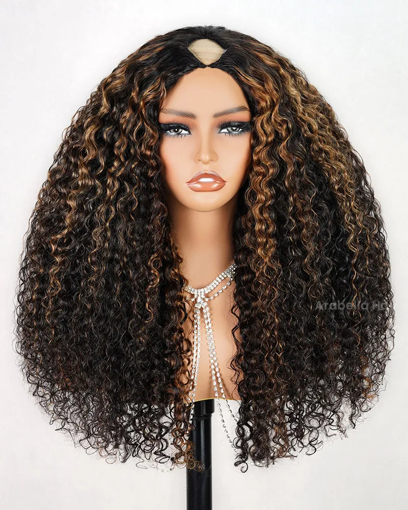 V Part 2.0 #30 Highlight Colored Deep Curly Upgraded V Part Cap No Glue Needed Human Hair Wigs