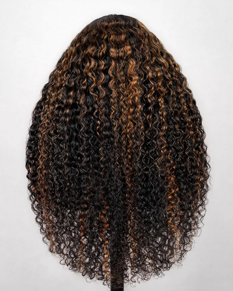 V Part 2.0 #30 Highlight Colored Deep Curly Upgraded V Part Cap No Glue Needed Human Hair Wigs