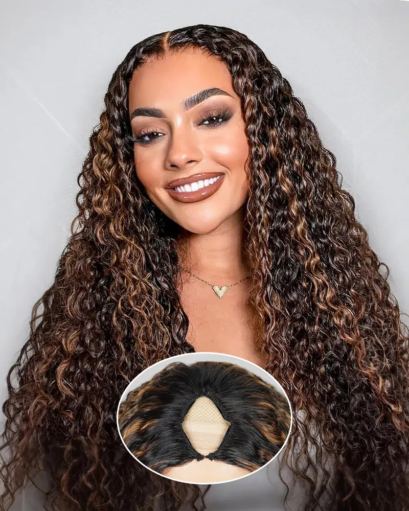V Part 2.0 #30 Highlight Colored Deep Curly Upgraded V Part Cap No Glue Needed Human Hair Wigs