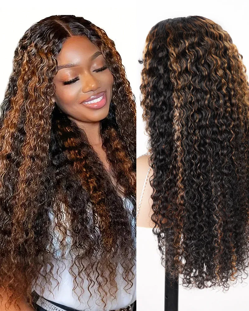 V Part 2.0 #30 Highlight Colored Deep Curly Upgraded V Part Cap No Glue Needed Human Hair Wigs