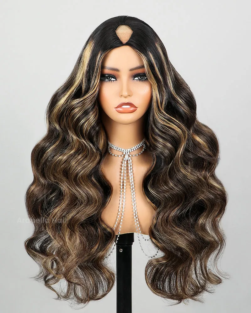 V Part 2.0 Balayage Color Body Wave No Glule Needed Upgraded V Part Cap Human Hair Wigs