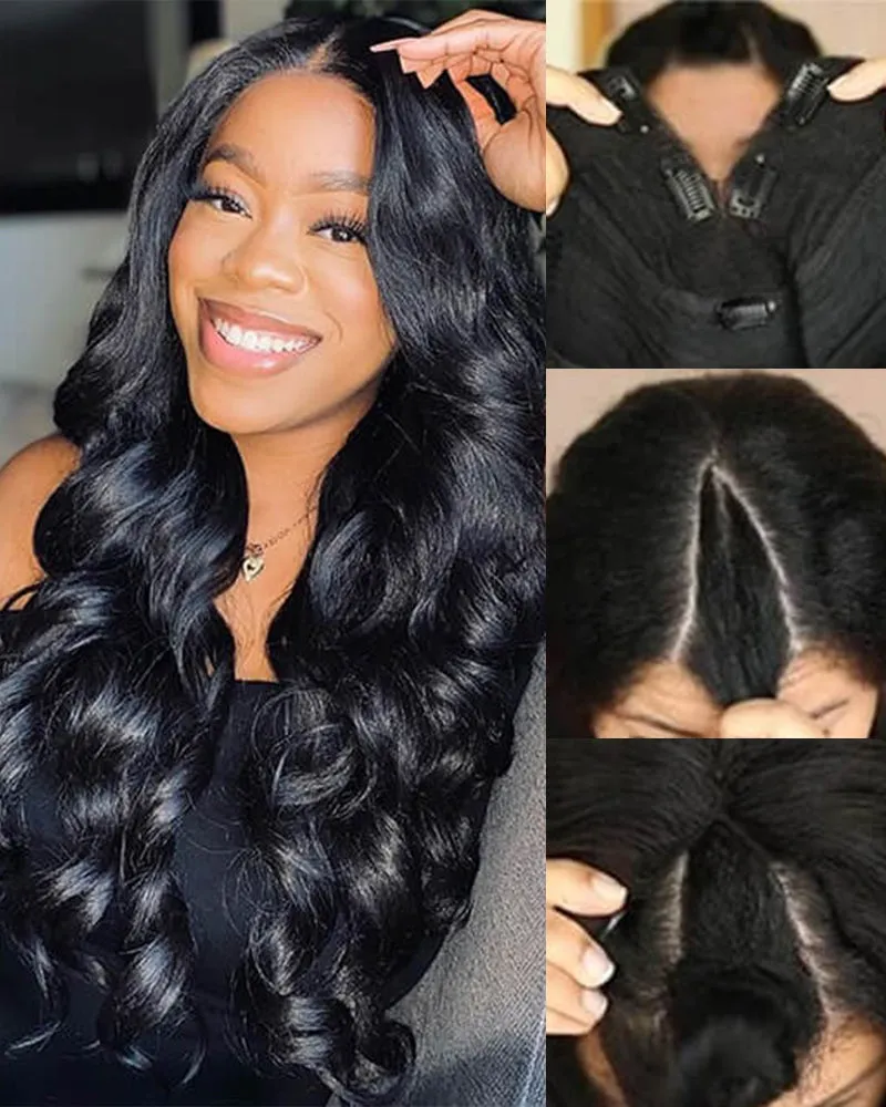V Part Body Wave Natural Black No Glule Needed Human Hair Wigs