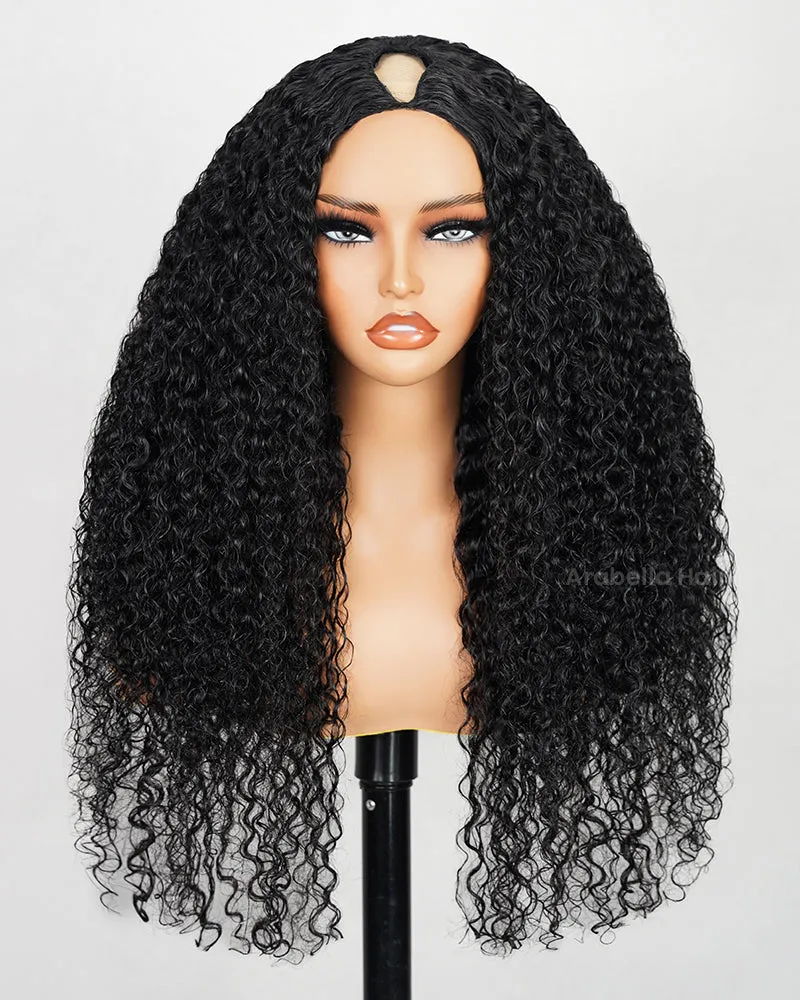 V Part Deep Curly Natural Black Glueless Human Hair Wig