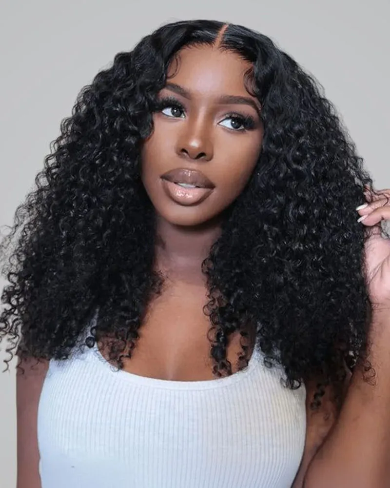 V Part Deep Curly Natural Black Glueless Human Hair Wig