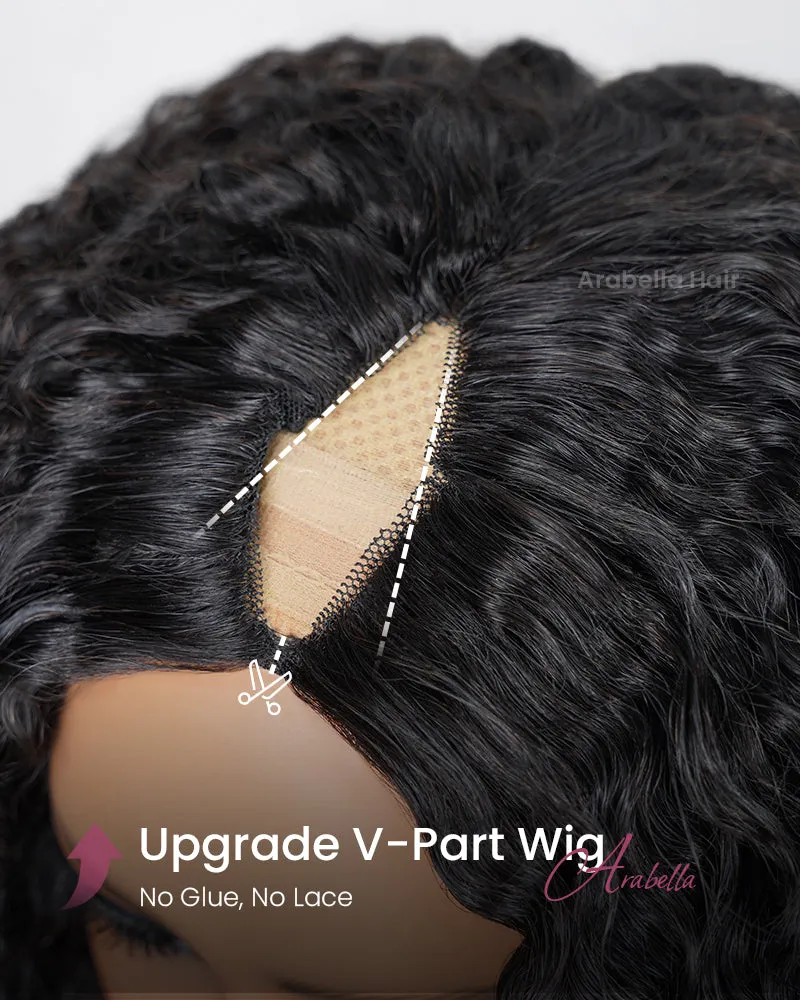 V Part Deep Curly Natural Black Glueless Human Hair Wig