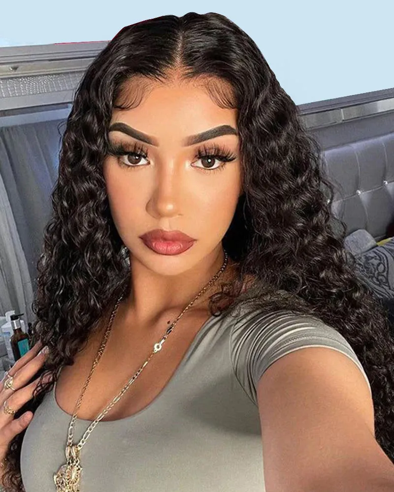 V Part Deep Curly Natural Black Glueless Human Hair Wig
