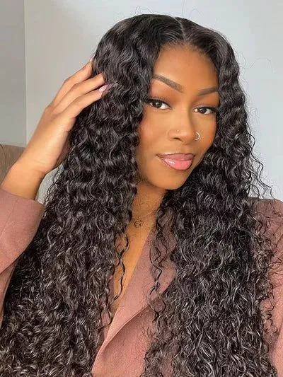 V Part Deep Curly Natural Black Glueless Human Hair Wig