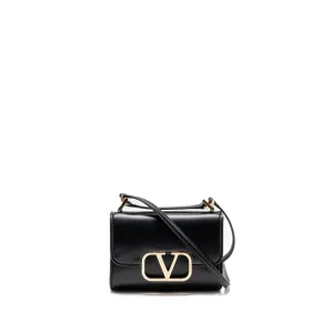 Valentino V logo Type Foldover Top Shoulder Bag Calfskin Black SHW