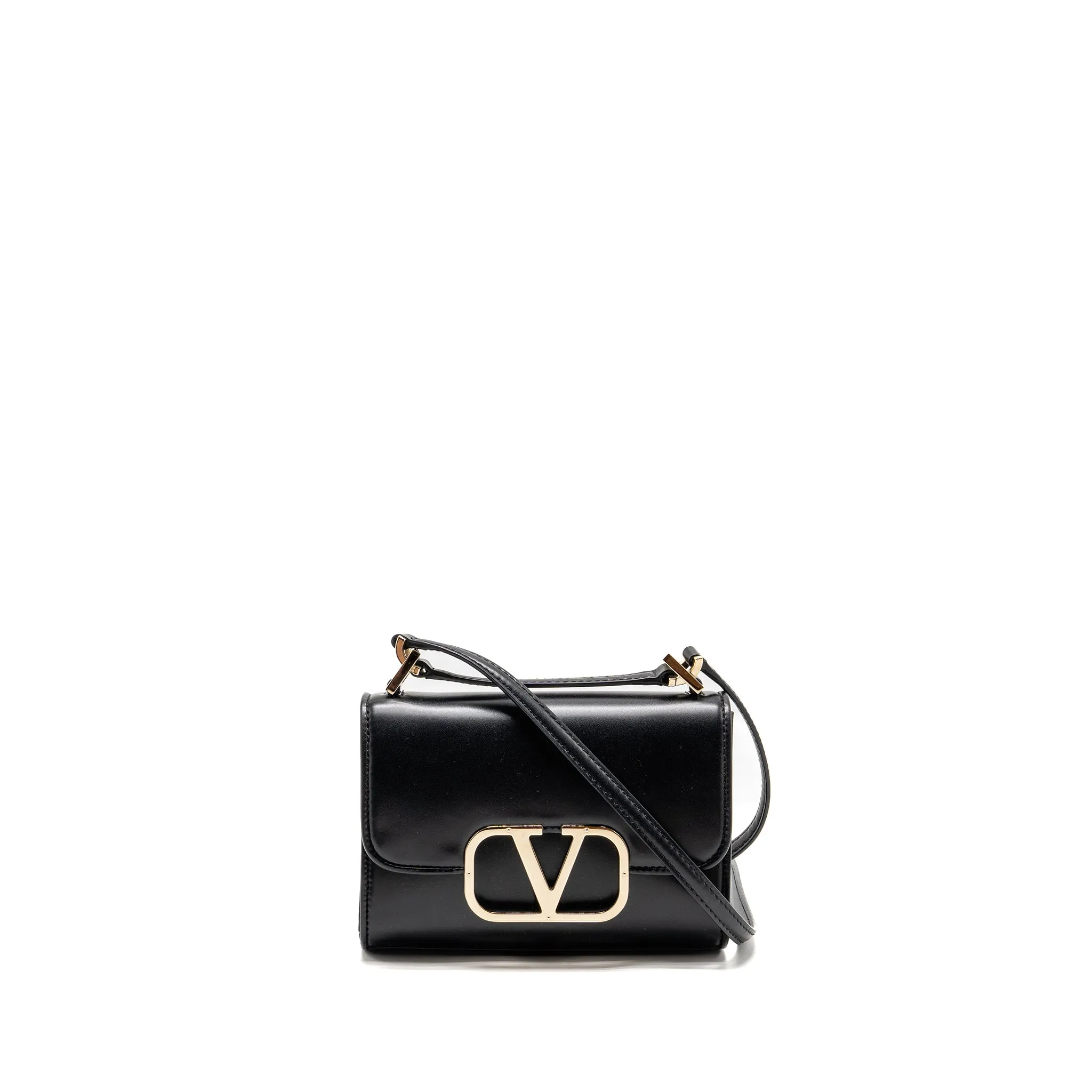 Valentino V logo Type Foldover Top Shoulder Bag Calfskin Black SHW