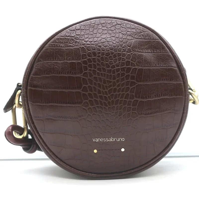 Vanessa Bruno Croc-Embossed Round Small Crossbody Bag Dark Brown Leather
