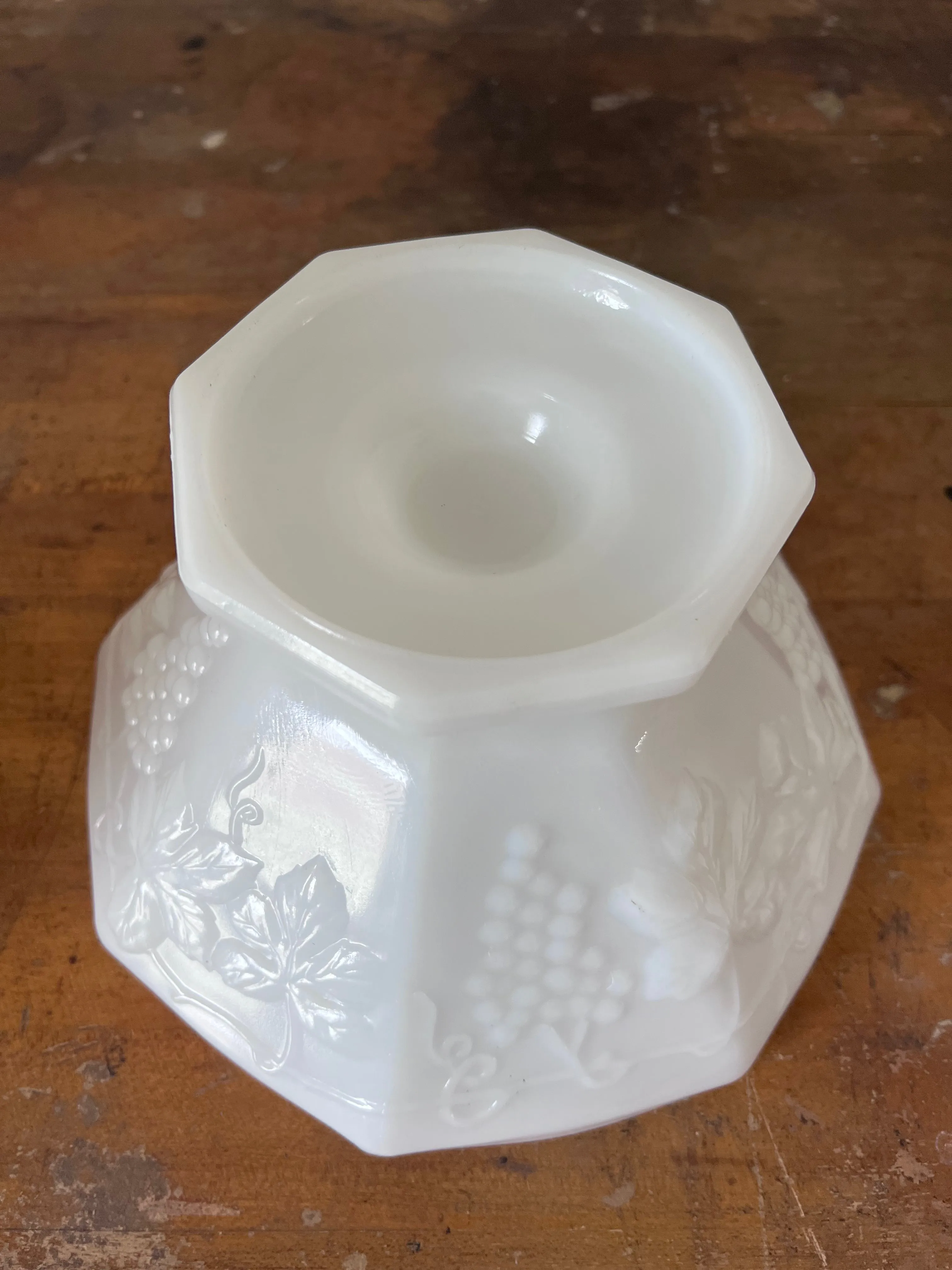 Vintage White Milk Glass Pedestal Fruit Bowl with Grape Vine Design