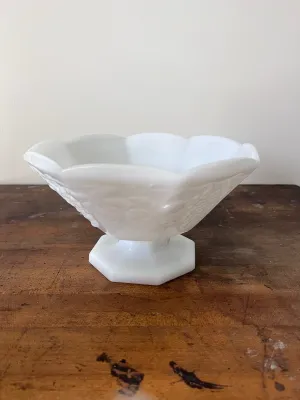 Vintage White Milk Glass Pedestal Fruit Bowl with Grape Vine Design