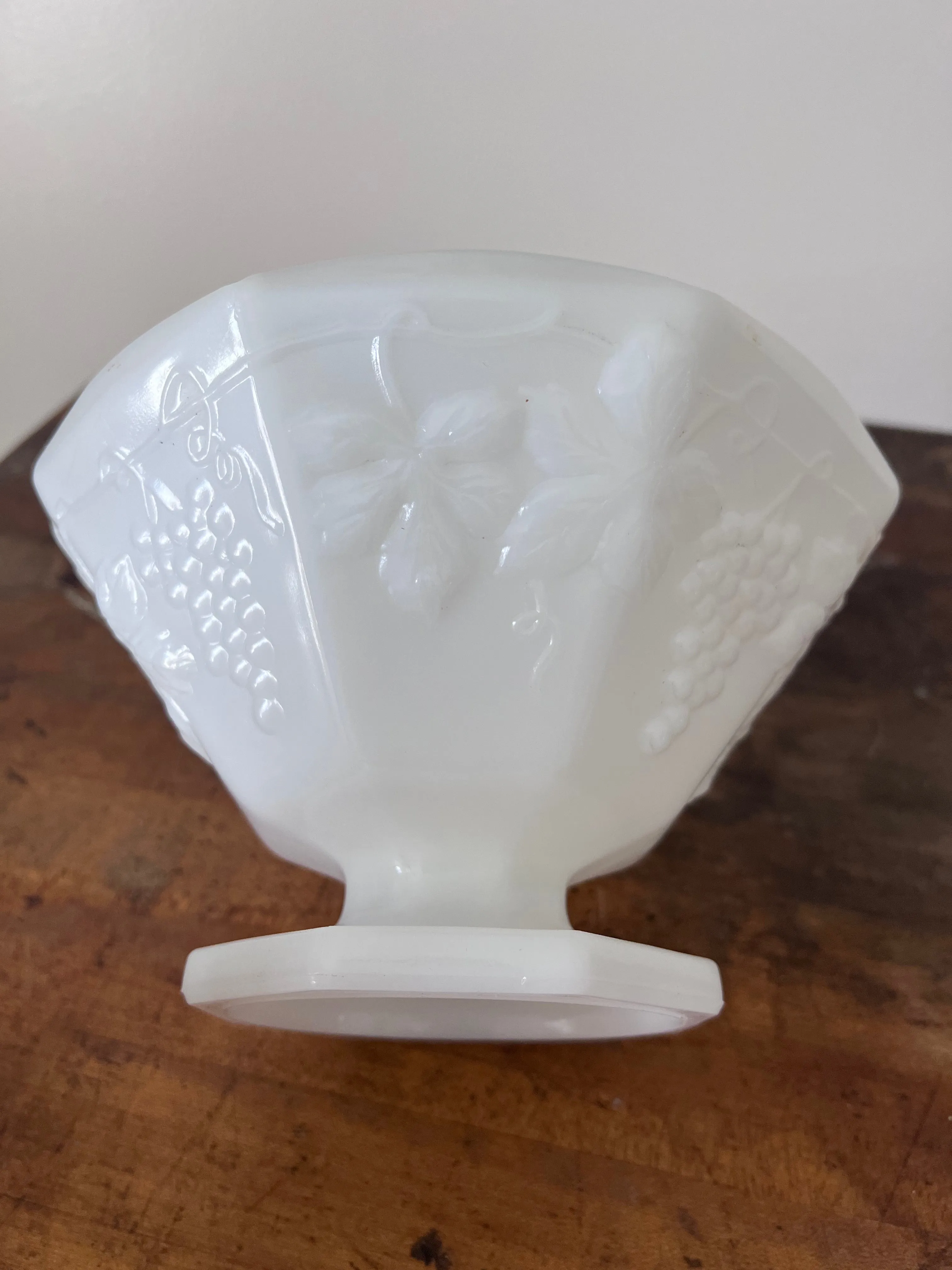 Vintage White Milk Glass Pedestal Fruit Bowl with Grape Vine Design