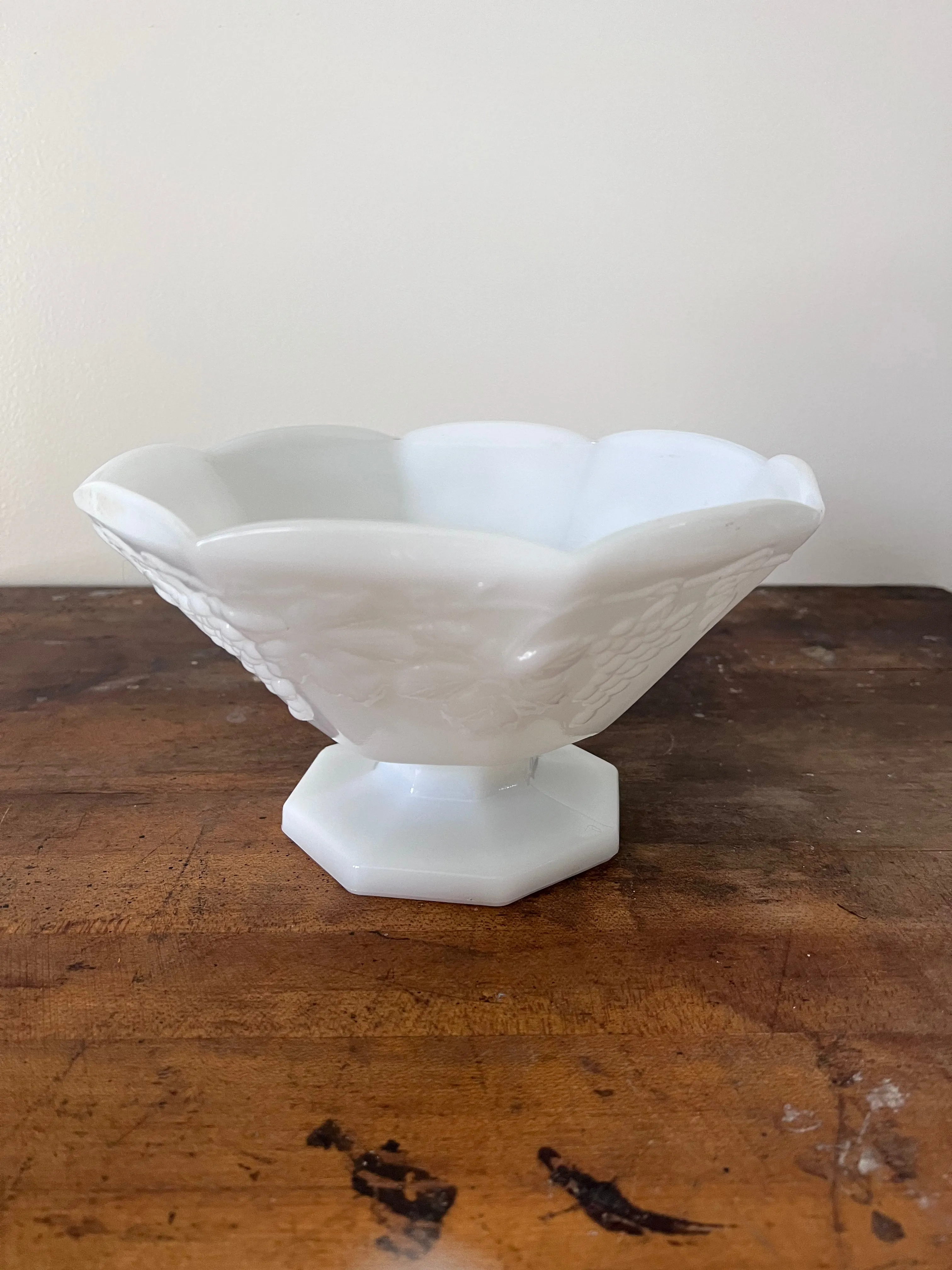Vintage White Milk Glass Pedestal Fruit Bowl with Grape Vine Design