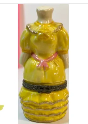 Vintage Yellow Dress Porcelain Hinged Trinket Box 5”