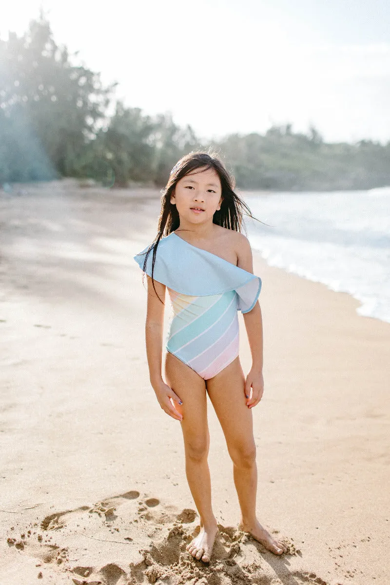 West Coast Rainbow One Shoulder Ruffle Swimsuit