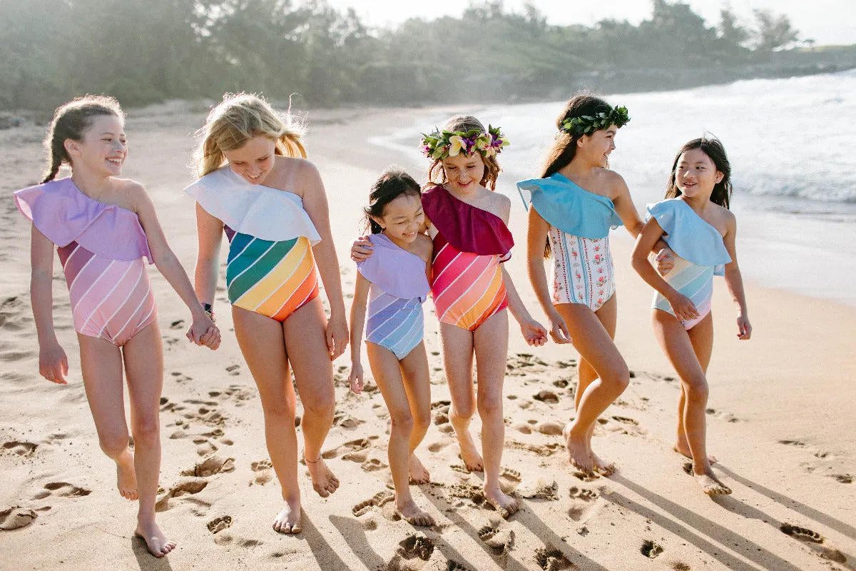 West Coast Rainbow One Shoulder Ruffle Swimsuit