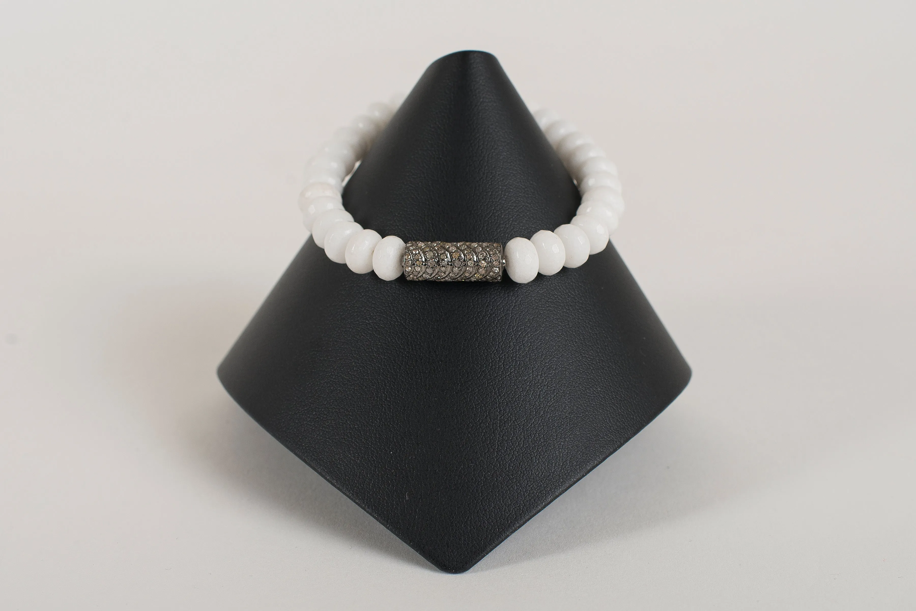 White Agate Rondelle with Pave Diamond Tube