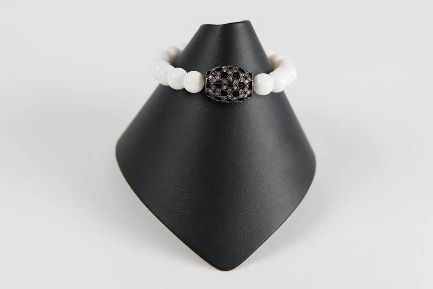 White jade with pave diamond black rhodium bead