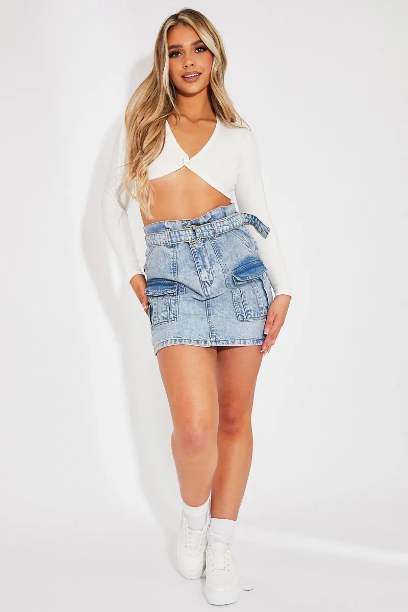 White Ribbed Button Fastening Crop Top - Francia