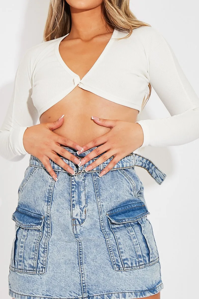 White Ribbed Button Fastening Crop Top - Francia
