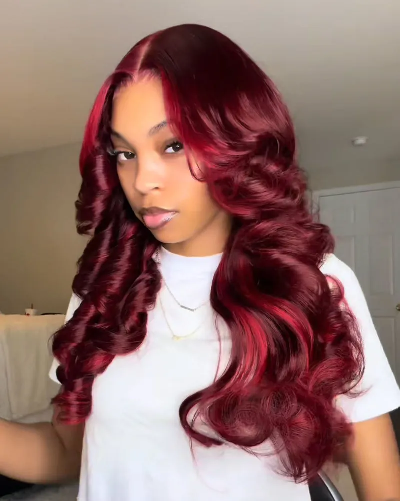 Wine Red Loose Body Wave Wigs Glueless 6x5 Pre-Cut Lace Human Hair Wig
